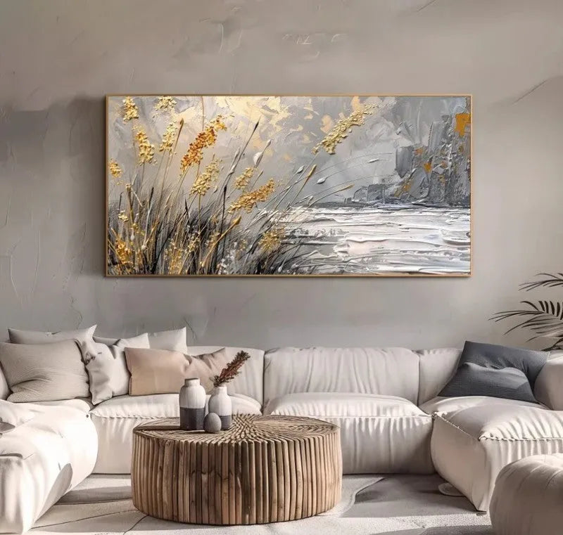 Hand painted abstract lake reed landscape oil painting on canvas, contemporary style, horizontal orientation, available in multiple sizes