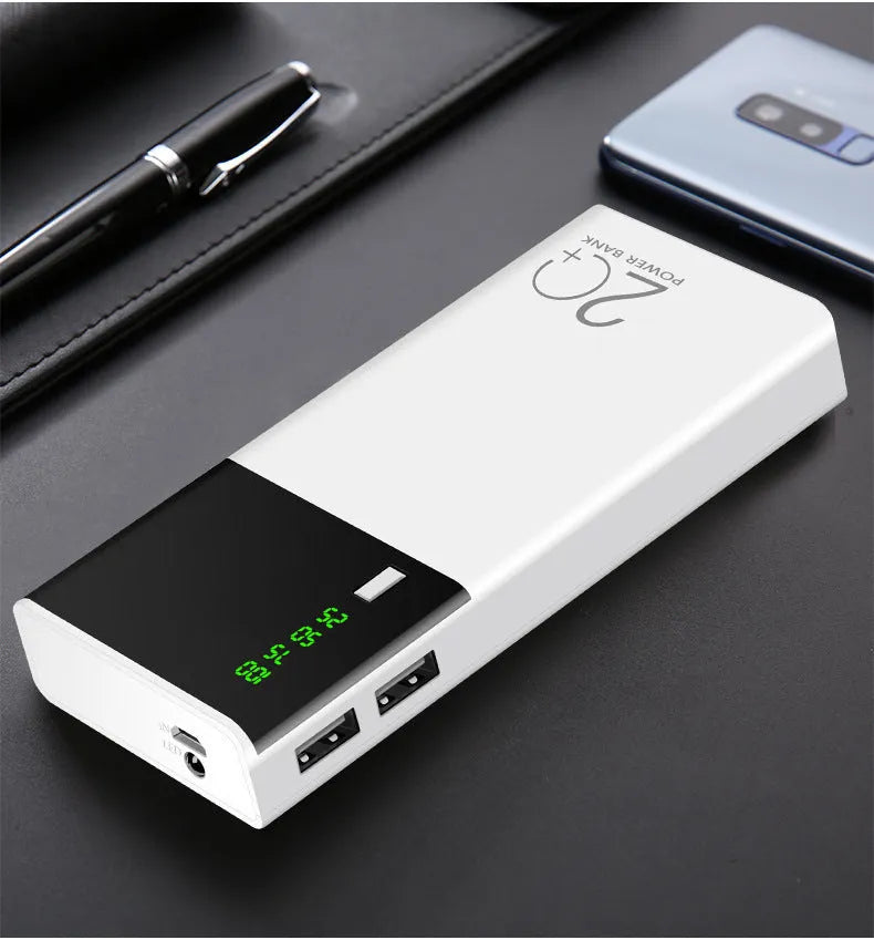 White large capacity mobile power bank with digital display and two USB ports on a clean background