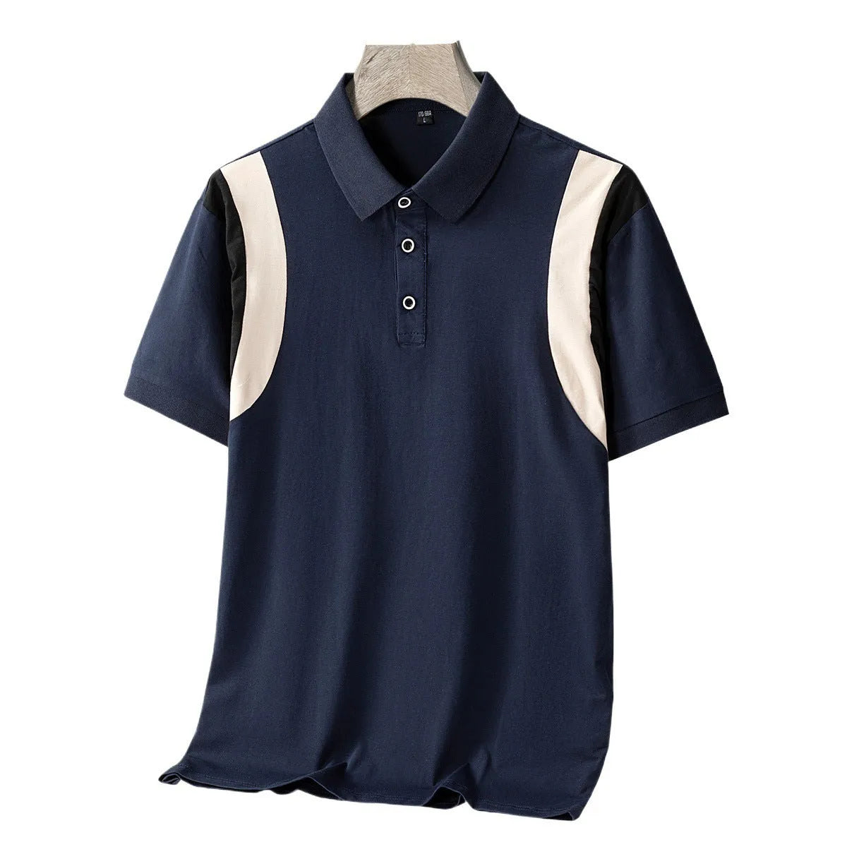 Men's grey striped short sleeve t-shirt with a business lapel and loose fit.