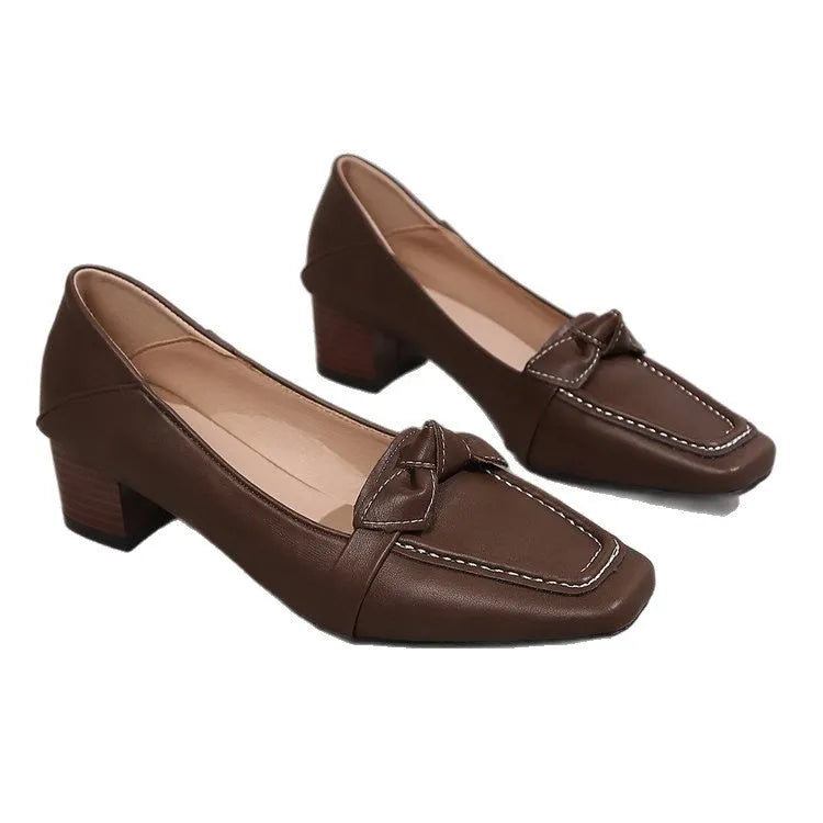 Plus size brown square head bow pumps with low top height increasing rubber sole on foot model