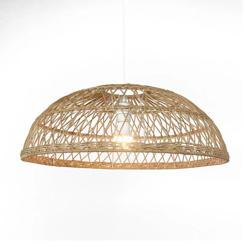 Handwoven bamboo chandelier, 60cm diameter, natural finish, hanging from ceiling