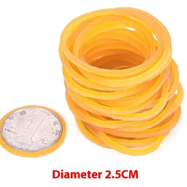 500g bundle of yellow rubber bands showing multiple diameter sizes from 16mm to 70mm