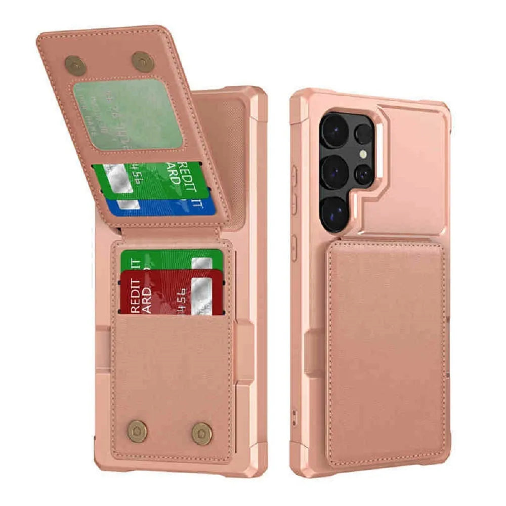 Black Samsung phone case with card slot and kickstand, made of PU and TPU, full cover drop-resistant.