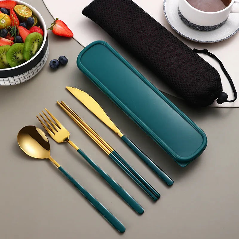 304 stainless steel portable cutlery set with gold knife fork spoon and mesh bag