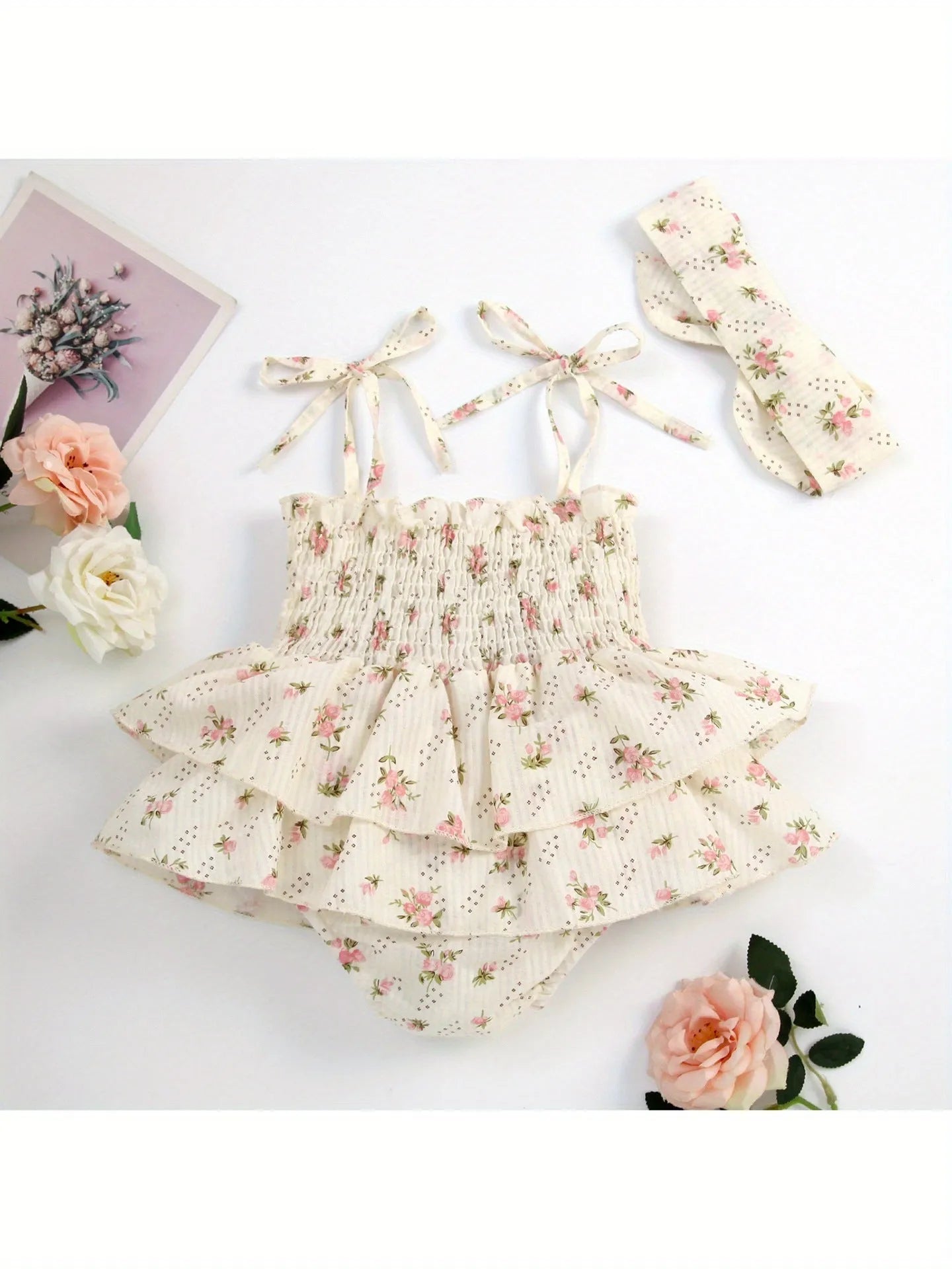 Baby girl boho jumpsuit set with corduroy A-line skirt and beige colour, including white T-shirt and headband