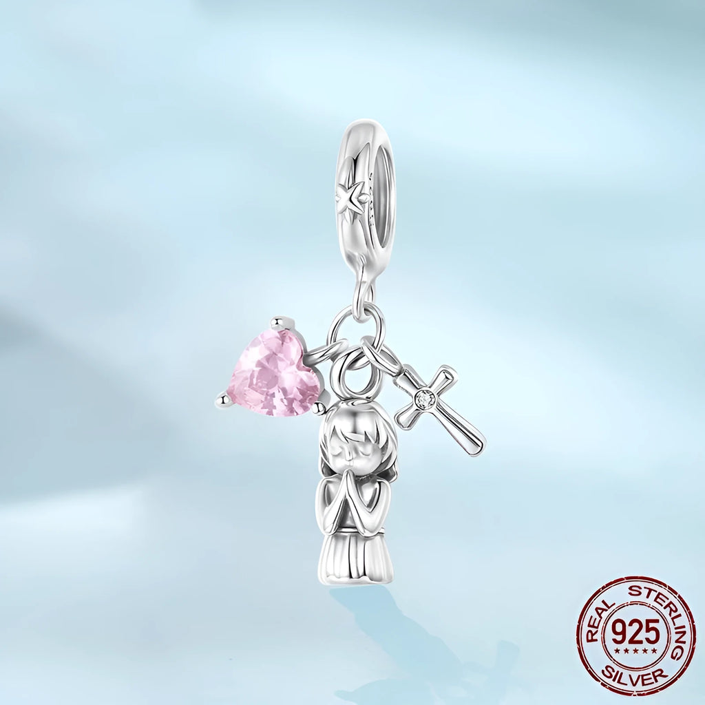 S925 sterling silver heart cross pendant bead, 2.6cm x 1.5cm with 0.45cm hole for DIY bracelet jewellery