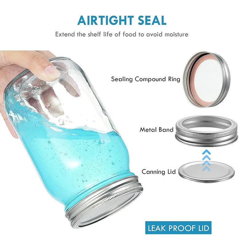 Six transparent 32oz glass storage bottles with airtight wide mouth and glossy finish