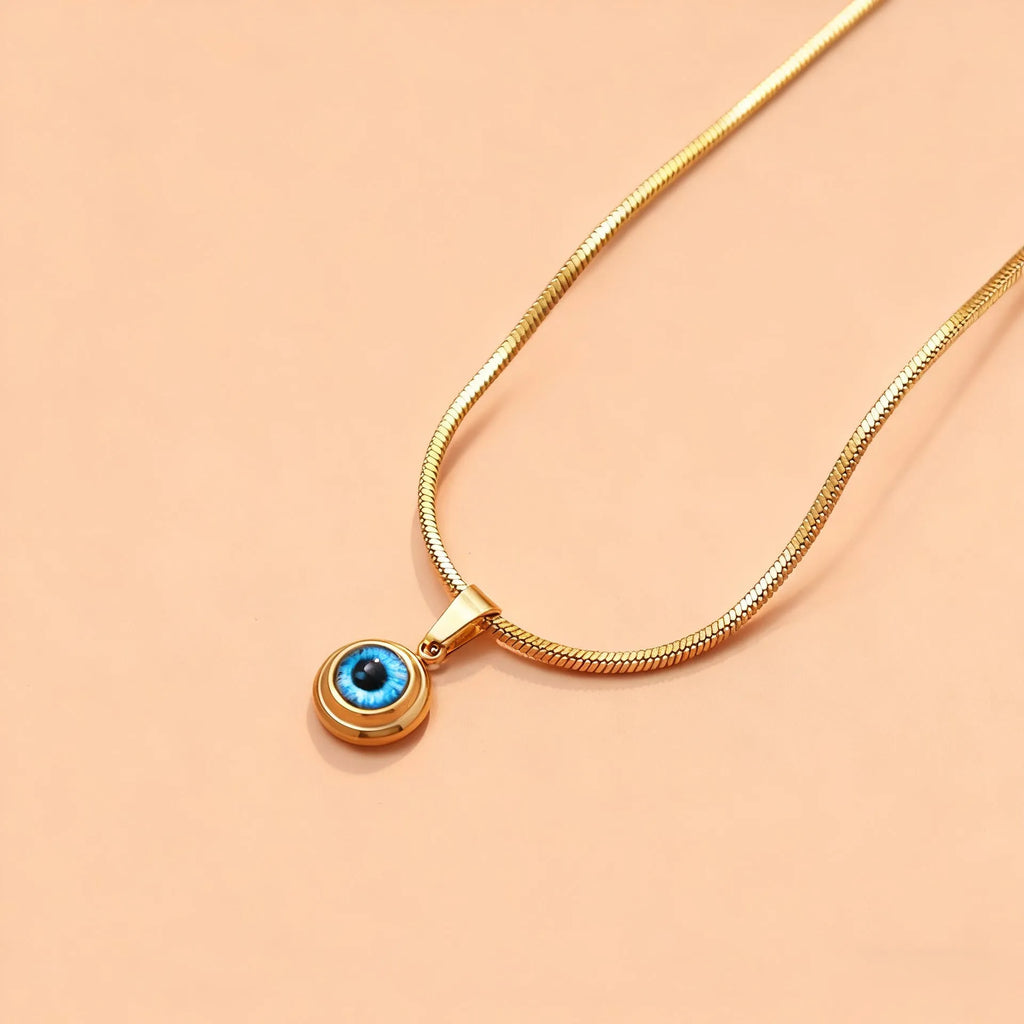 Angel Eyes titanium steel necklace with gold-plated eye pendant on 45.5cm snake bone chain
