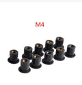 Black rubber and brass expansion well nut fasteners for motorcycle mounting in M4, M5, M6 sizes.