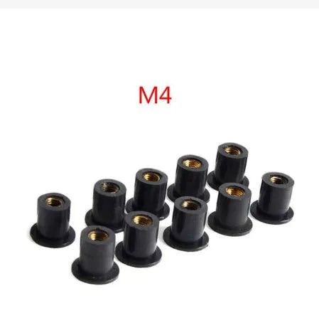 Black rubber and brass expansion well nut fasteners for motorcycle mounting in M4, M5, M6 sizes.