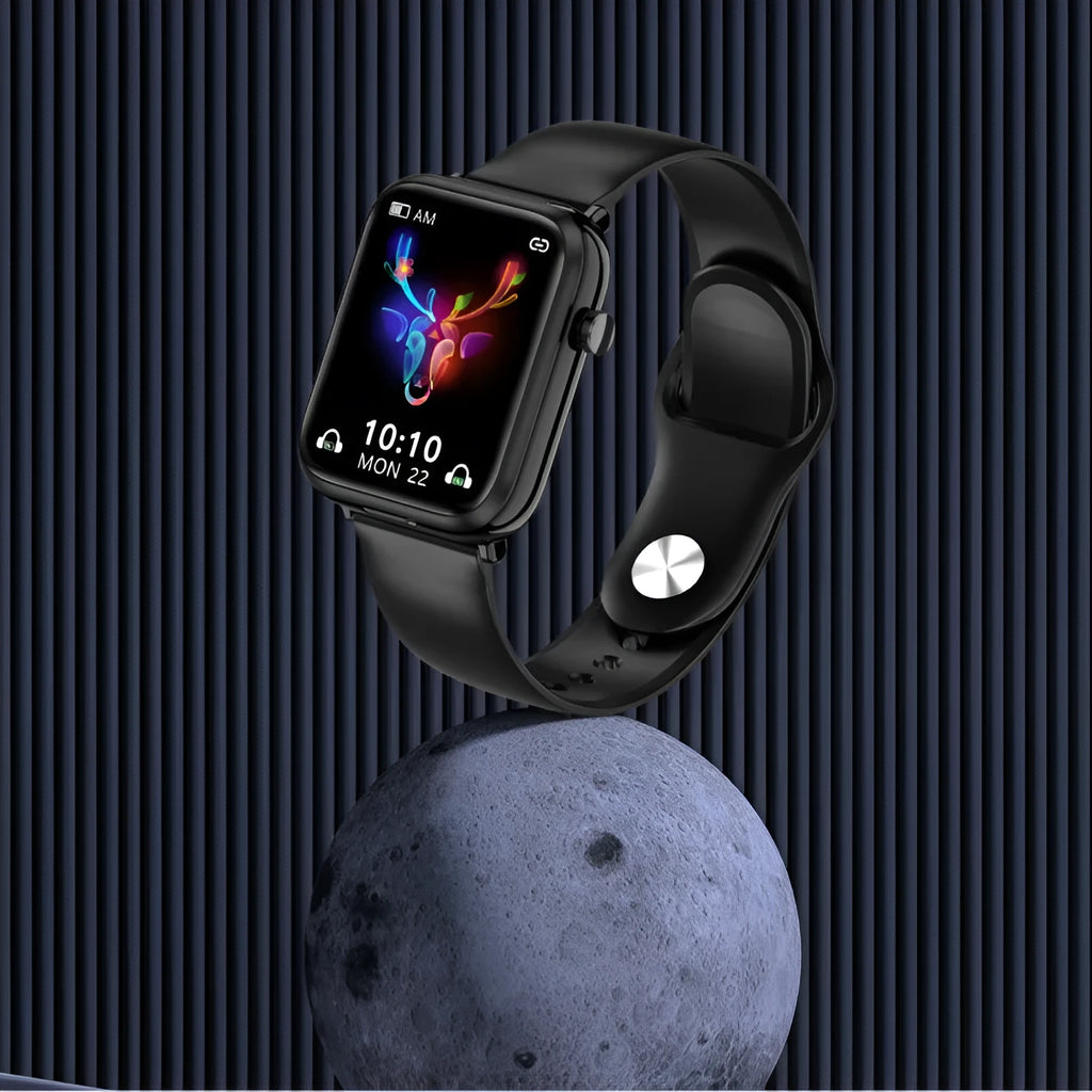 Black all-touch smartwatch with Bluetooth earphones on a magnetic charging case.