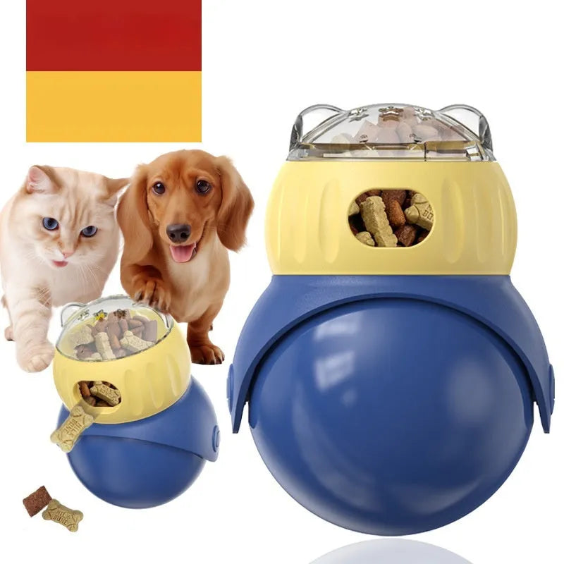 Morandi yellow and blue owl-shaped plastic tumbler cat toy with a snap-fit lid, on a wooden floor.