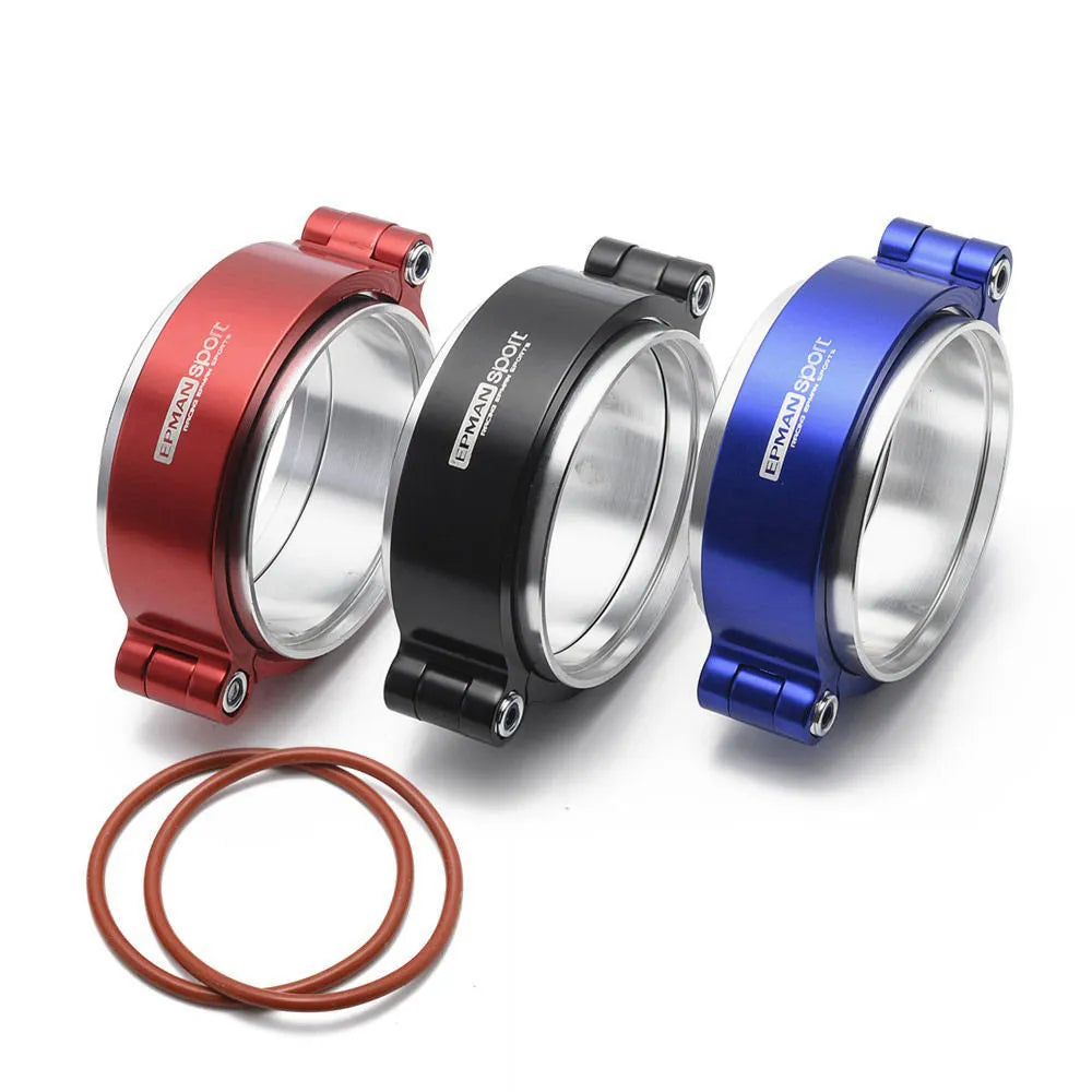 Aluminium fixed movement exhaust clamp for car turbo modification in black, blue, or red.