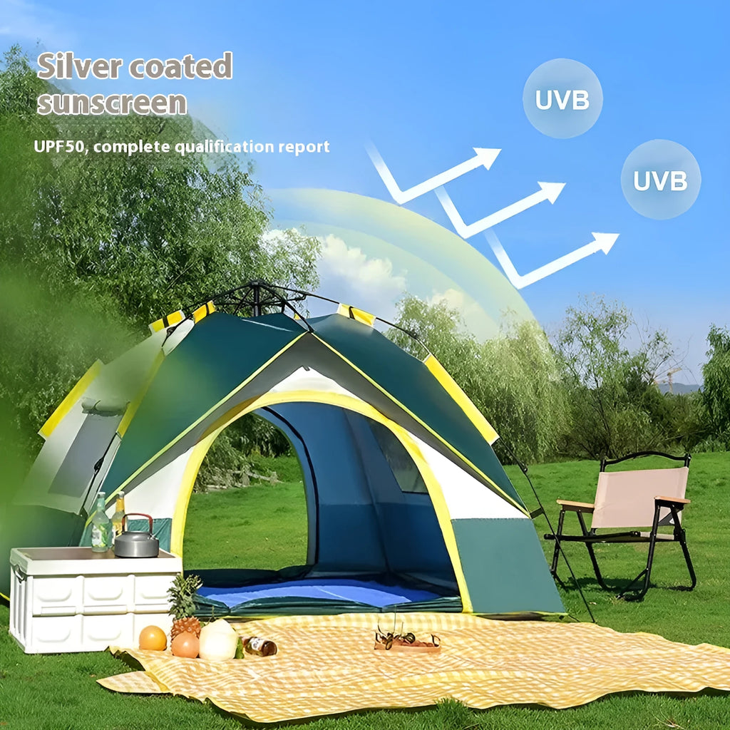 Dark green and silver automatic pop-up camping tent pitched outdoors.