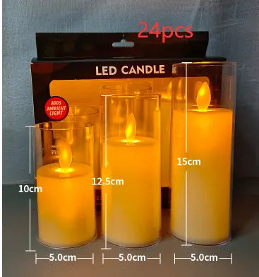 Set of three LED simulation candle lamps with cup shade in ivory white on a shelf