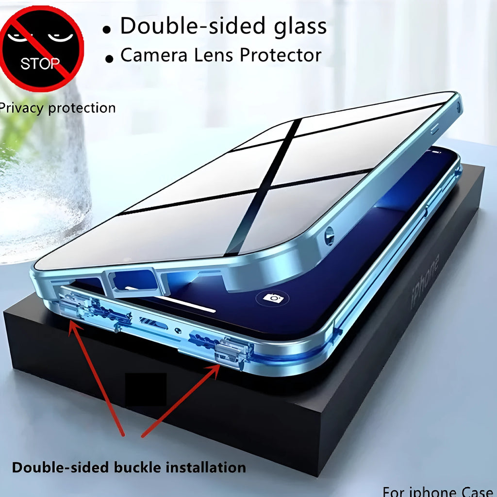 Anti-privacy magneto phone case for iPhone 15 Plus, metal and glass construction, solid colour, magnetic closure