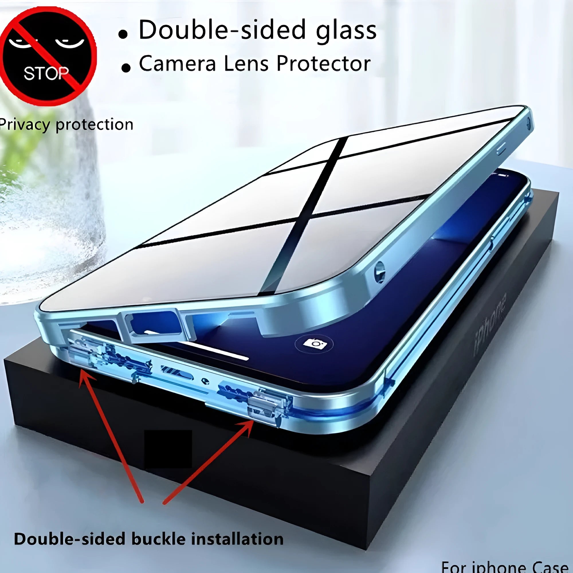 Anti-privacy magneto phone case for iPhone 15 Plus, metal and glass construction, solid colour, magnetic closure