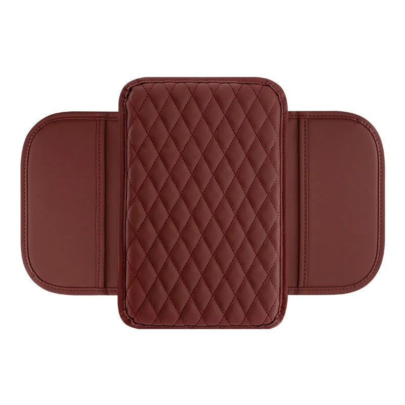Universal leather car armrest box mat 30.8cm by 20cm with thin side pocket in beige, black, gray, brown, or red