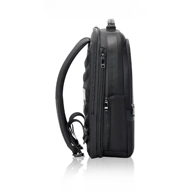 Men's commuter nylon backpack in black with stitched design and 20-35 litre capacity