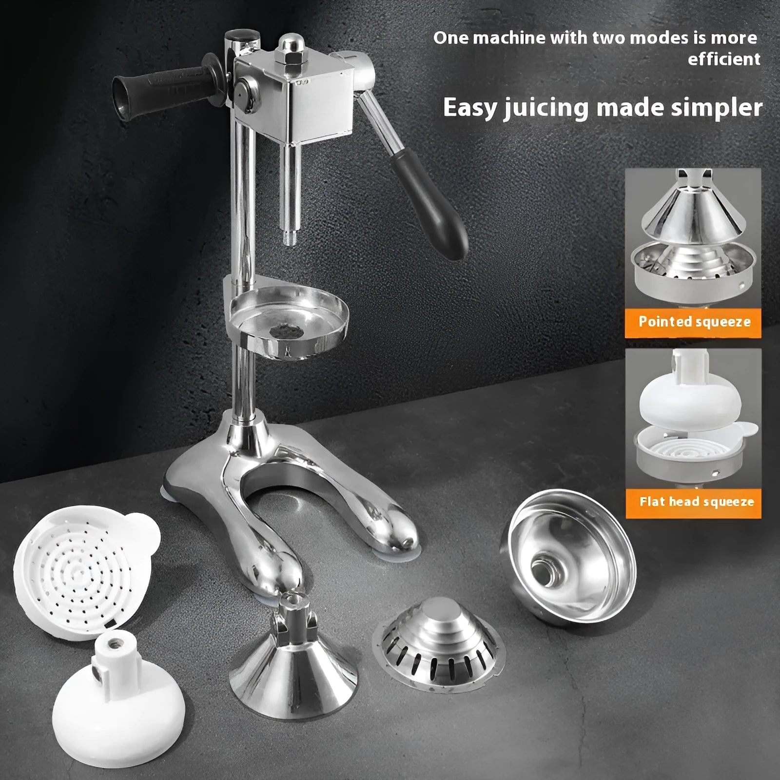 A vertical stainless steel manual citrus juicer on a kitchen counter, showing different colour and head style options.