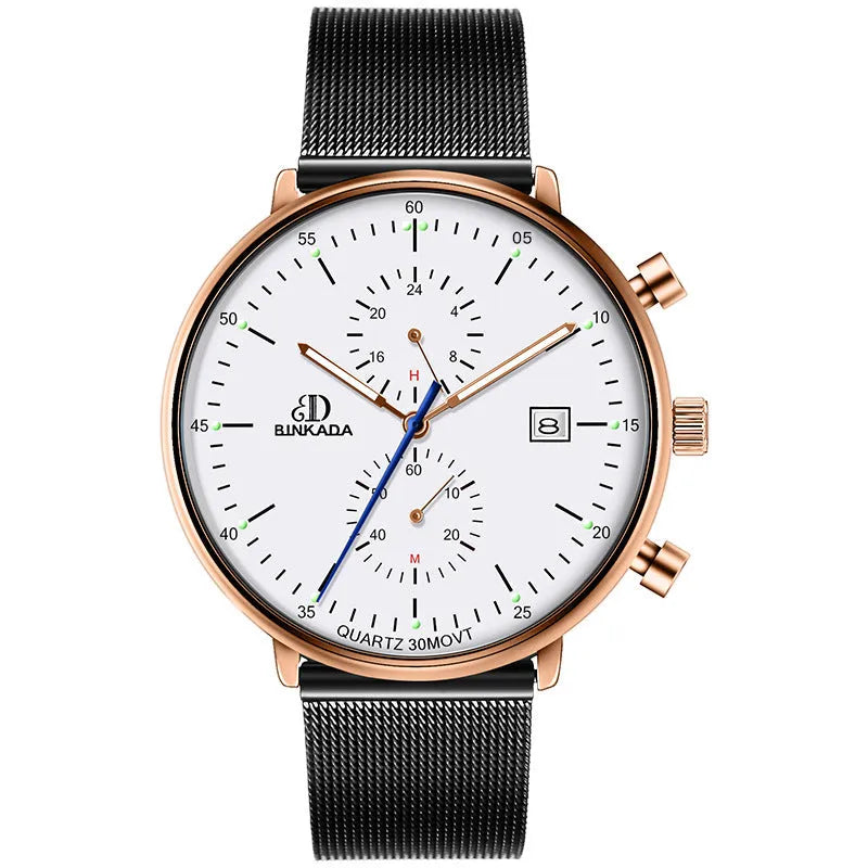 Men's luminous waterproof quartz watch with 40mm dial and black mesh belt on wrist