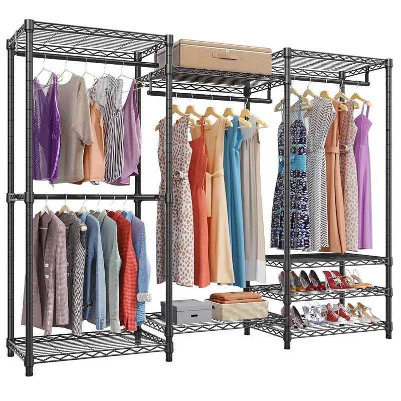 Black metal floor storage rack measuring 175 cm tall for garment organisation