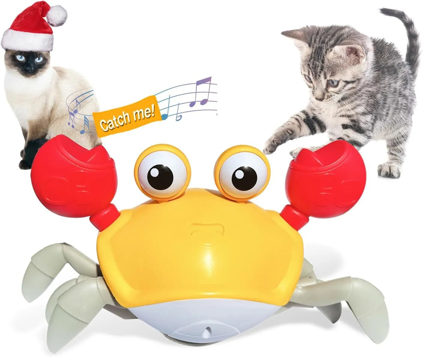 Blue and red electronic crawling crab dog toy with lights on a flat surface.