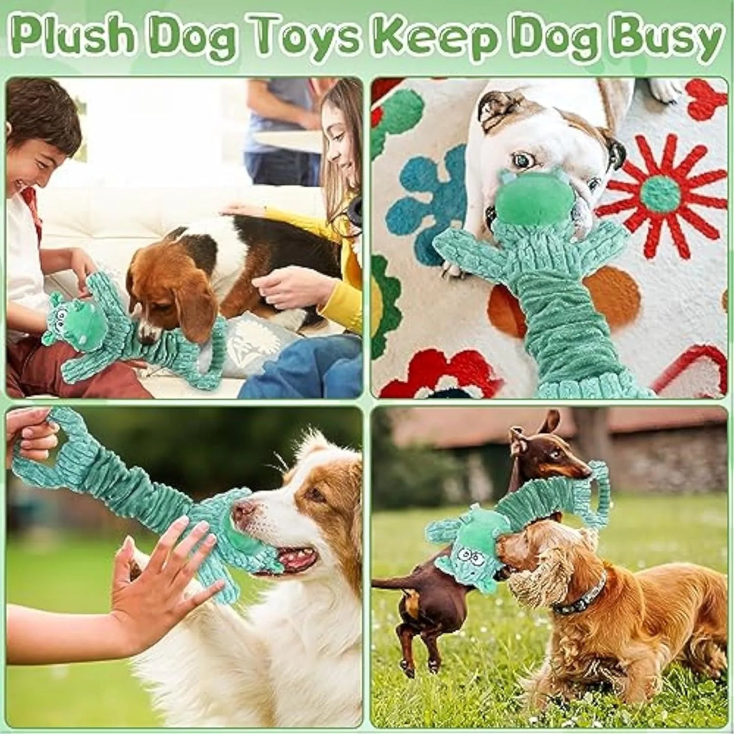 Large bright coloured soft plush dog toy with a handle, suitable for squeaky and tug of war play.