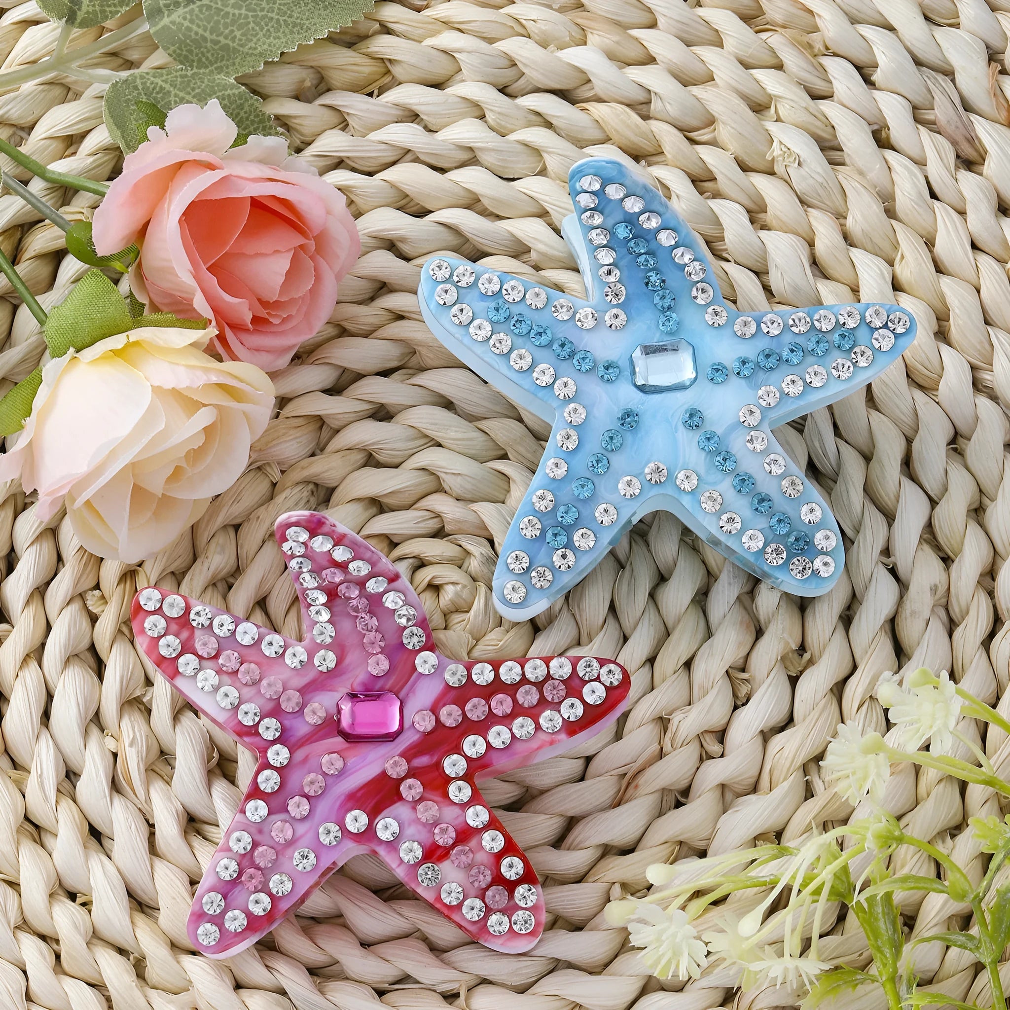 Acrylic starfish diamond encrusted hairpin in blue and pink colours length 8cm