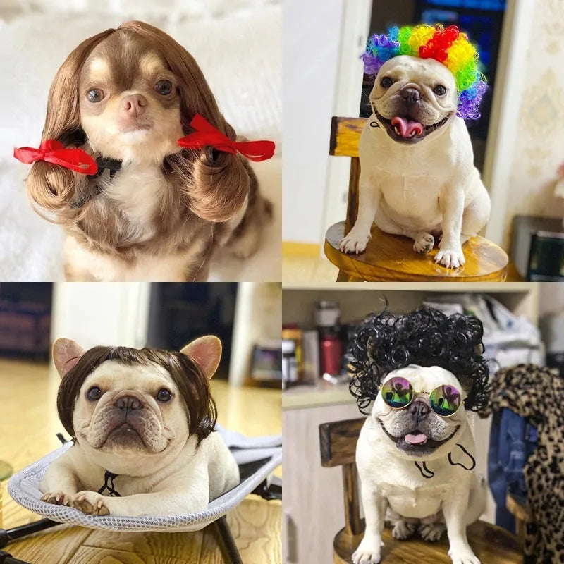 Adjustable pet wig sheath headdress for dogs and cats in multiple colours and styles