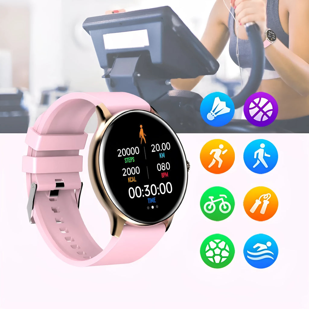 Smart watch with blood pressure monitoring on a silicone strap, showing a black watch face.