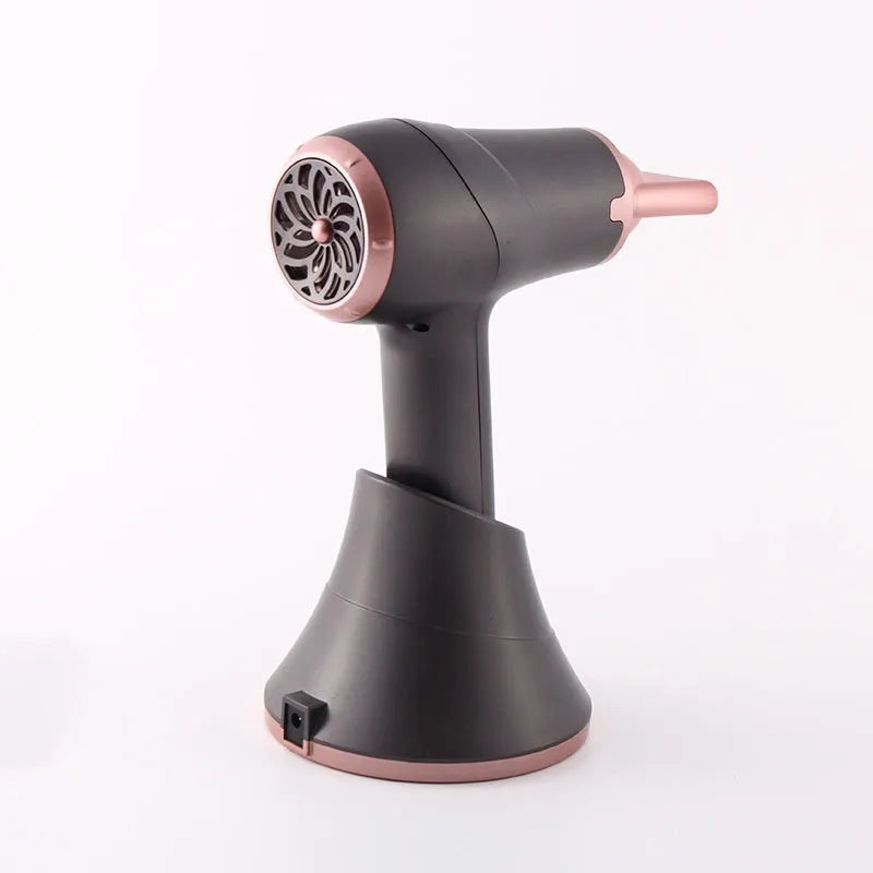 Wireless hair dryer in gray with two speed buttons and UK plug, for dormitory or outdoor use