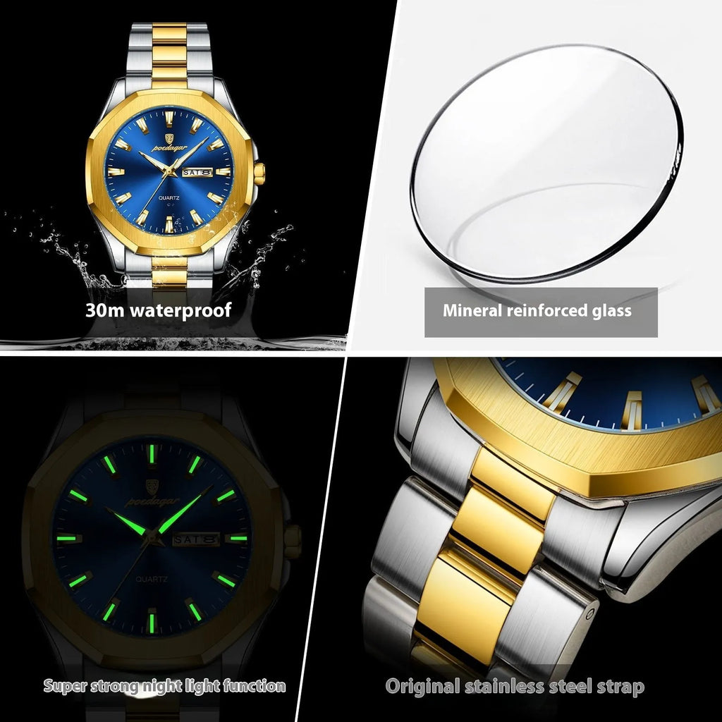 Men's quartz watch with stainless steel strap in business style with 9mm case thickness