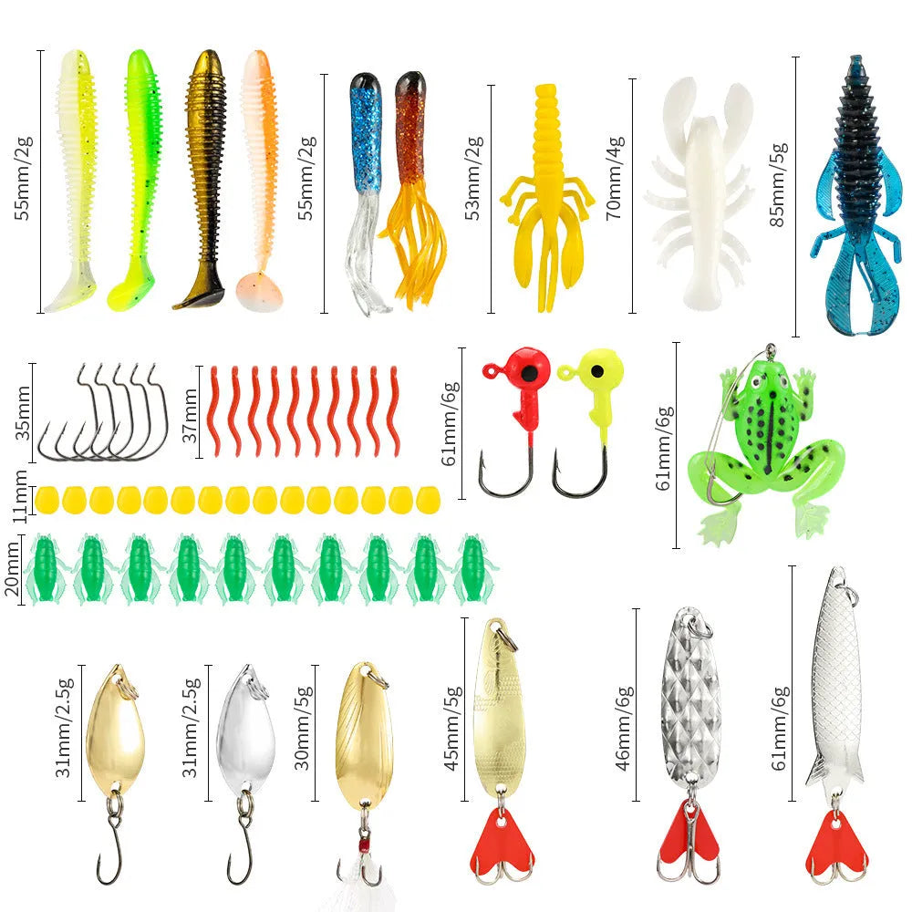 Christmas-themed metal blind box open to show 24 assorted bog-style fishing flies on a green background.