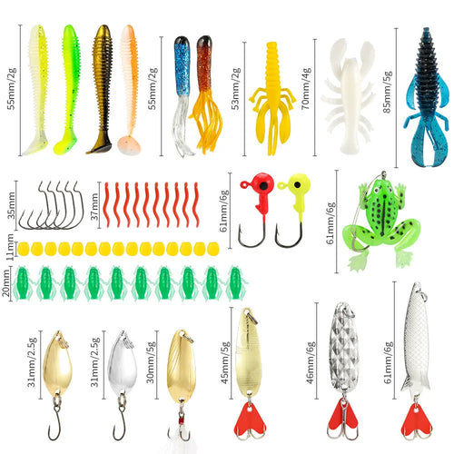 Christmas-themed metal blind box open to show 24 assorted bog-style fishing flies on a green background.