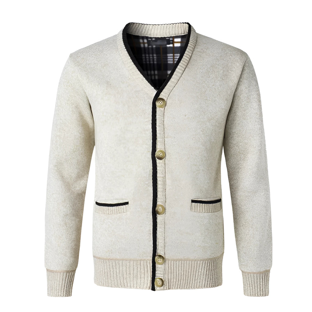 Fleece-lined V-neck cardigan in beige, loose fit for large men, European sizes S-2XL