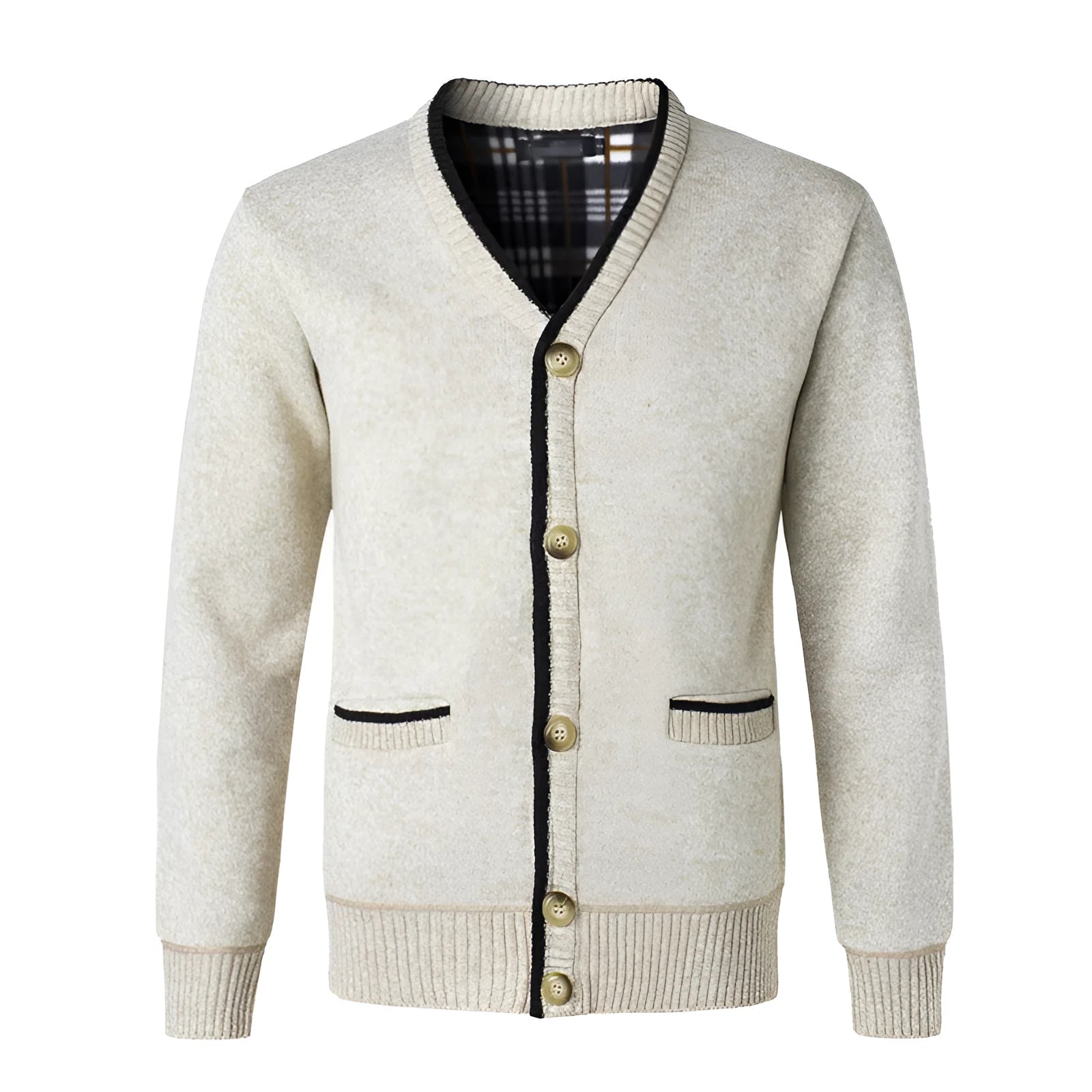 Fleece-lined V-neck cardigan in beige, loose fit for large men, European sizes S-2XL
