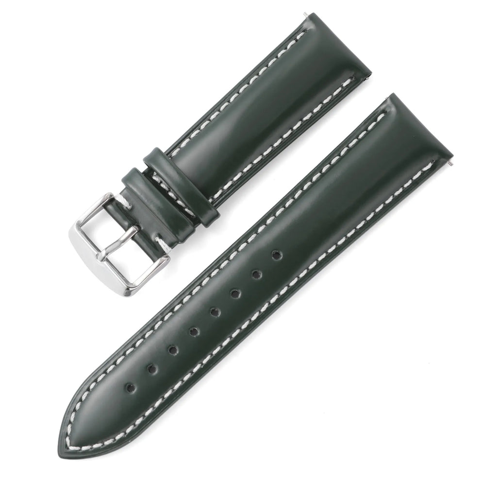 Quick release leather watch strap in bright cowhide showing colour and width options on a watch.