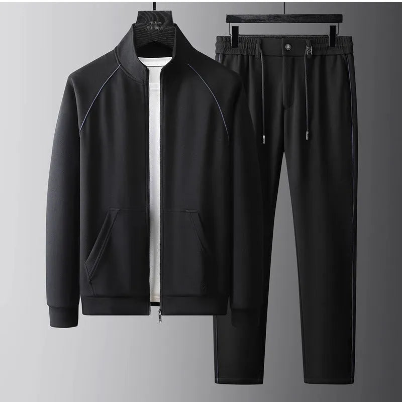 Slim fit stand collar casual sports suit set in black, black velvet, or coffee colour.