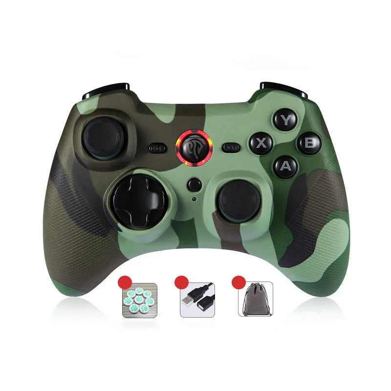 Black dual-mode wireless PC game controller with coloured buttons on a desk next to its storage bag and adapter.