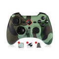 Black dual-mode wireless PC game controller with coloured buttons on a desk next to its storage bag and adapter.