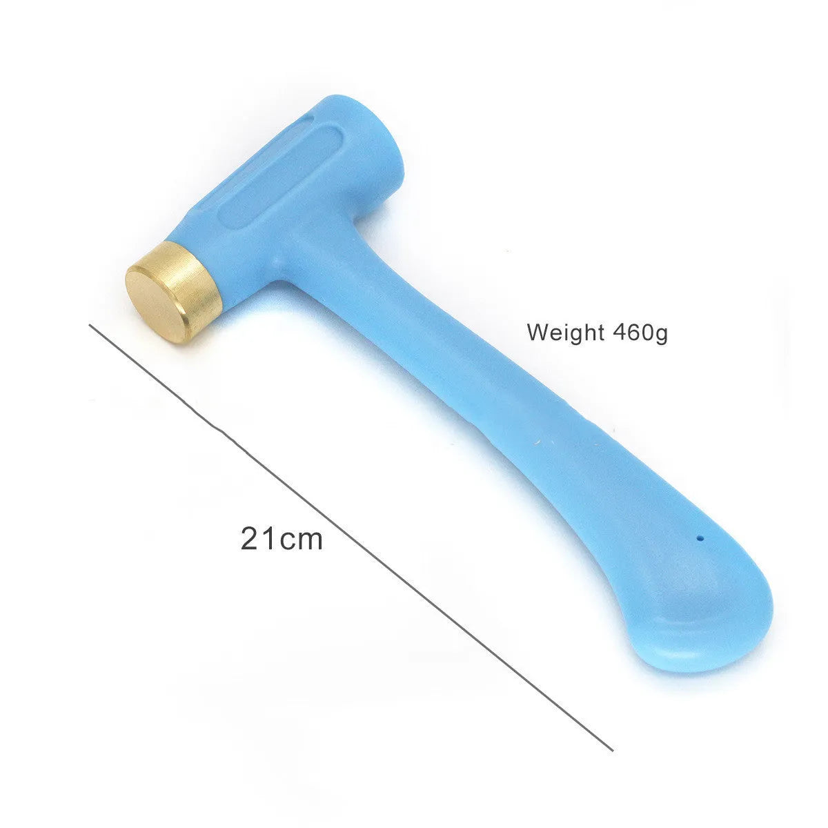 Blue handmade steel stamped copper head hammer weighing 0.47 kg on a neutral background