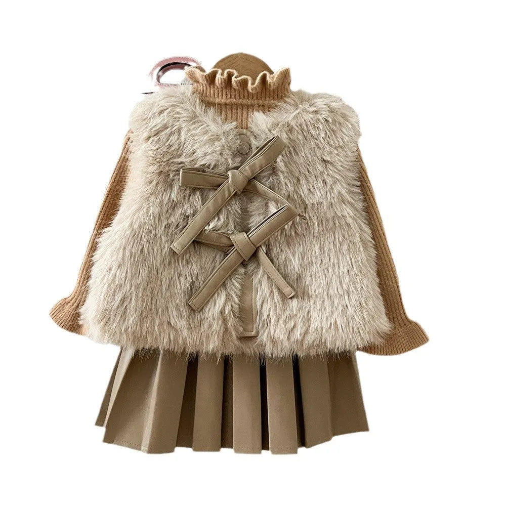 Girls autumn winter fur waistcoat leather skirt suit in solid colour Korean style