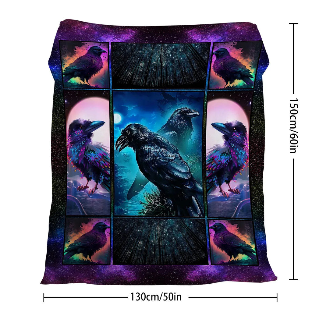 Colorful raven print flannel blanket in soft velvet, available in 75x100cm, 130x150cm, and 150x200cm sizes.