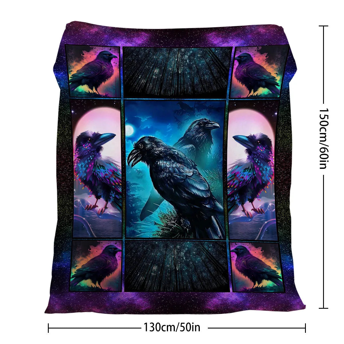 Colorful raven print flannel blanket in soft velvet, available in 75x100cm, 130x150cm, and 150x200cm sizes.