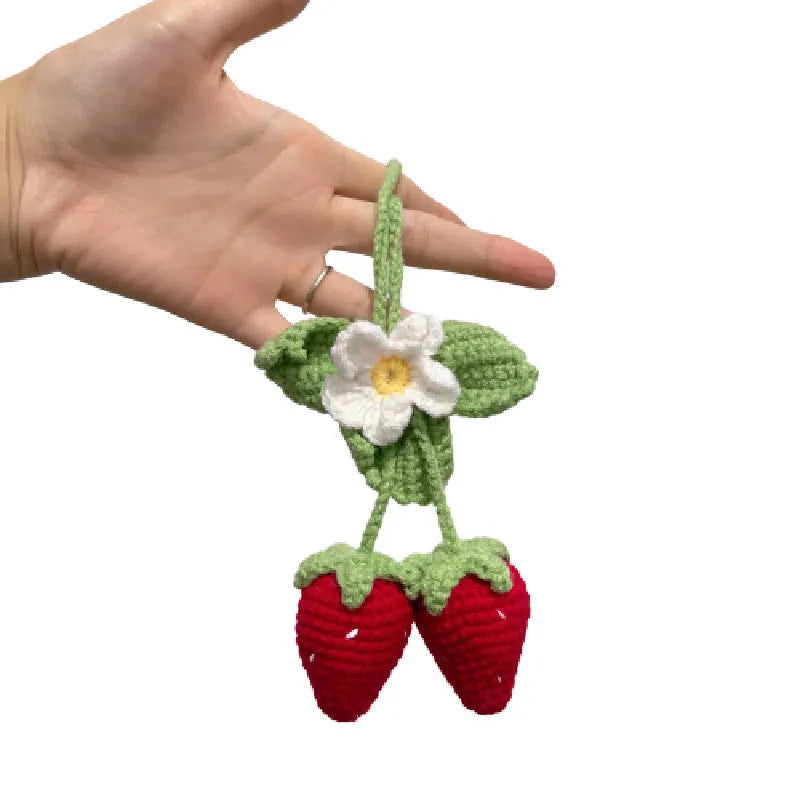 Handmade strawberry-shaped weaving pendant for car decoration, made from cotton and hemp yarn.