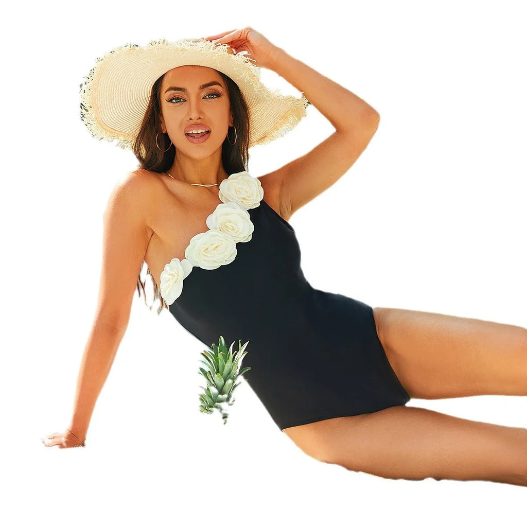 Black solid colour one-piece swimsuit for women with European styling