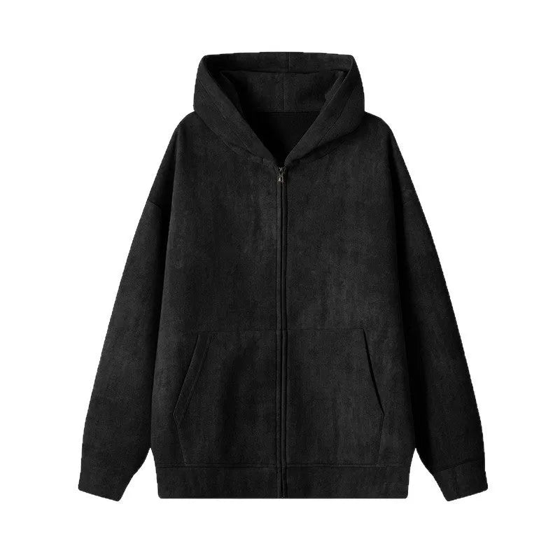 Men's plus size tie-dye hooded cardigan in black, loose fit, side pockets, and hood.