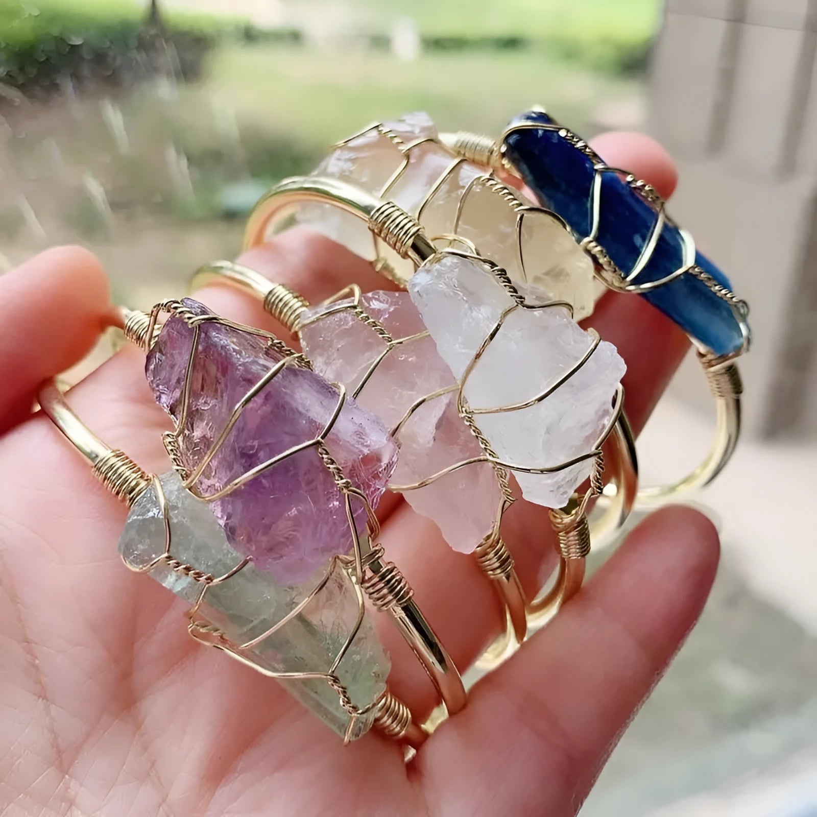 Geometric natural crystal rough stone bracelet with gold winding metal details