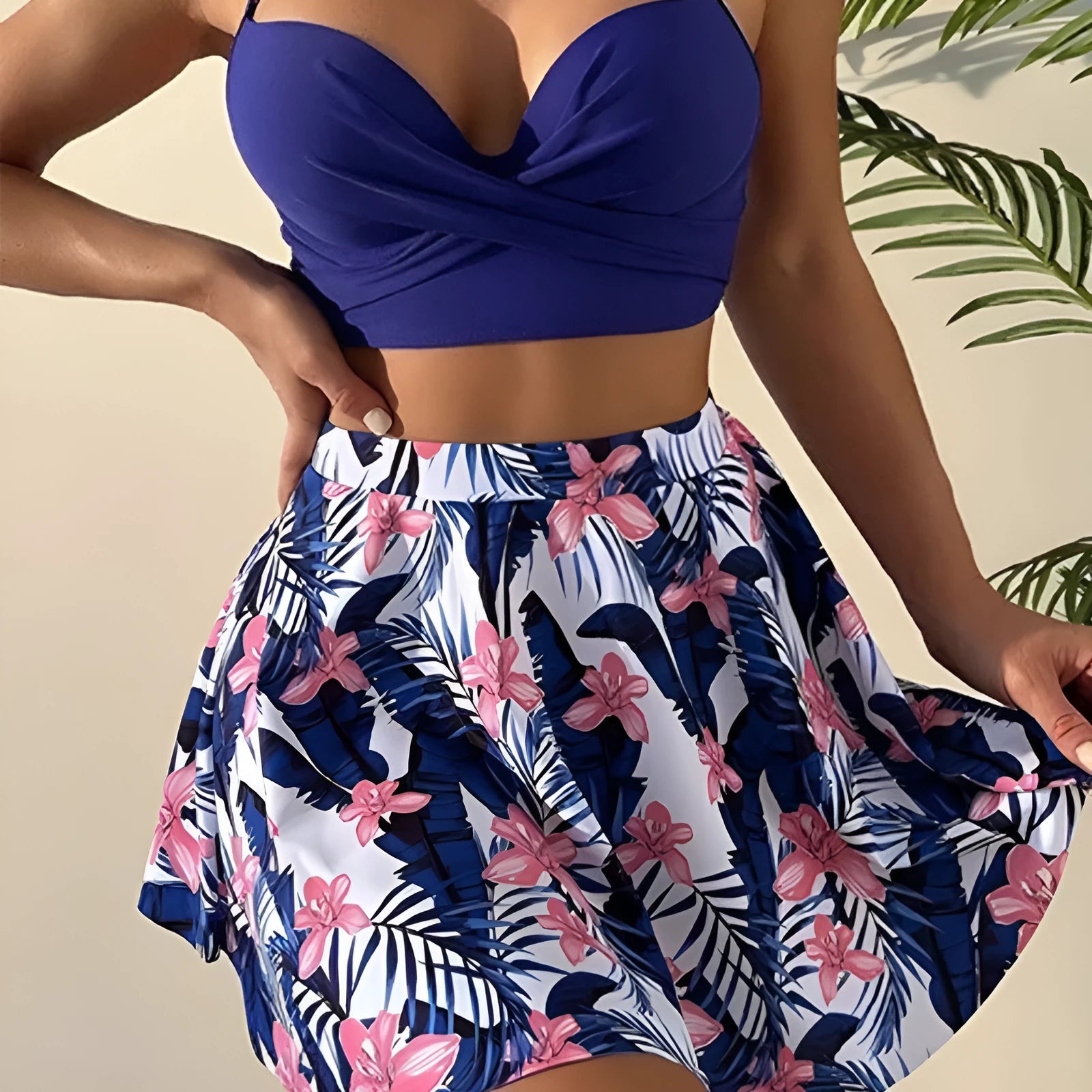 Women's high-waisted three-piece bikini swimsuit set in polyester fabric with belly coverage